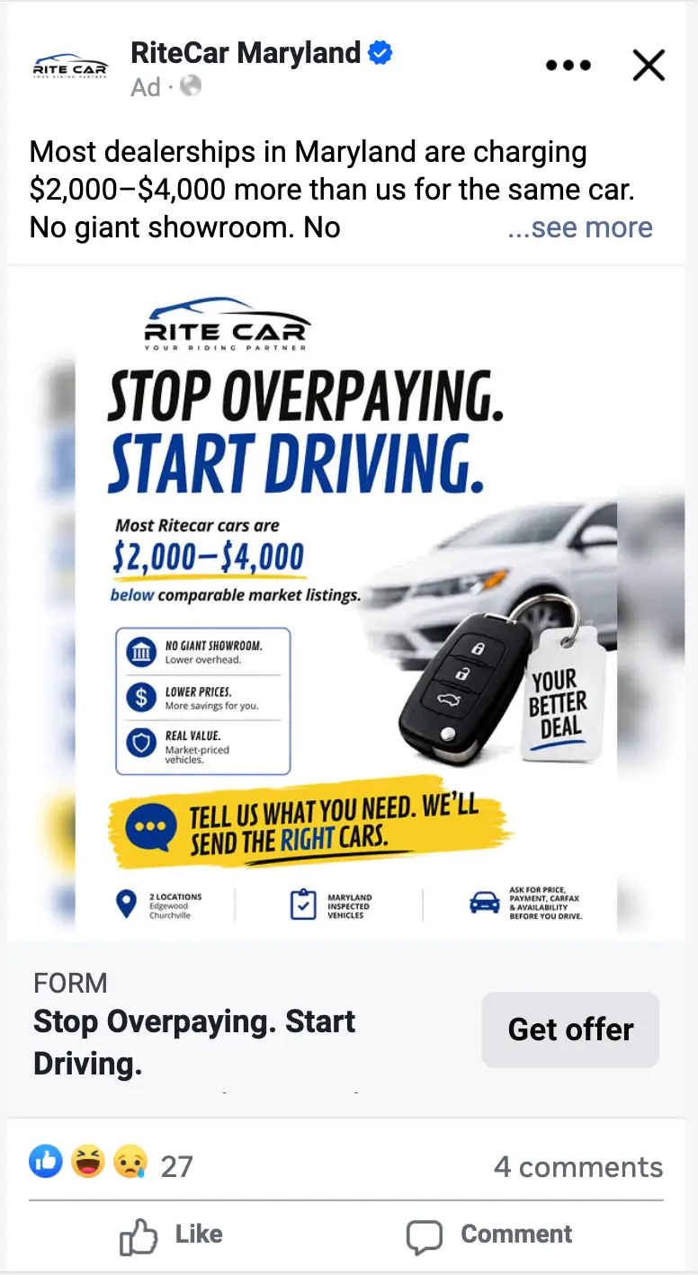 A live paid social ad written and produced for a dealership